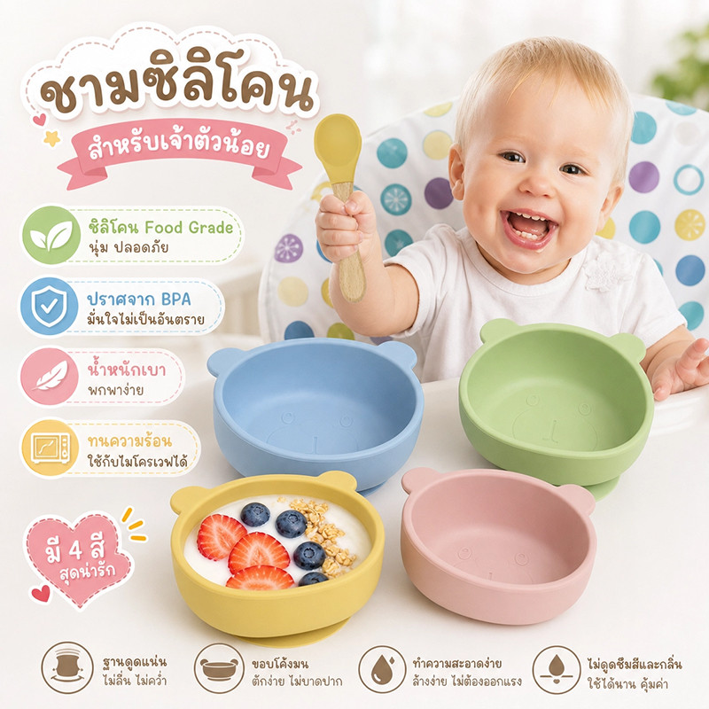 พร้อมจัดส่ง ชามอาหารเด็ก ชามซิลิโคน ซิลิโคนเกรดอาหาร มีช้อนส้อม ดึงแล้วไม่เสียรูปง่าย