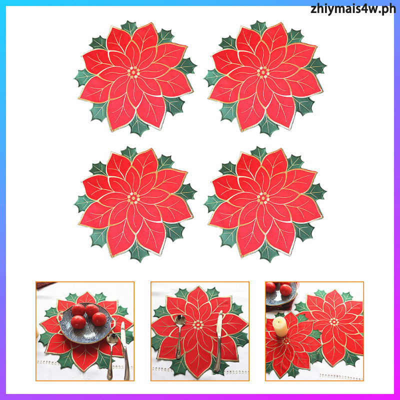 4 ชิ้นคริสต์มาส Poinsettia แผ่นฉนวนโต๊ะรับประทานอาหารสีแดง Place Mats zhiymais4w