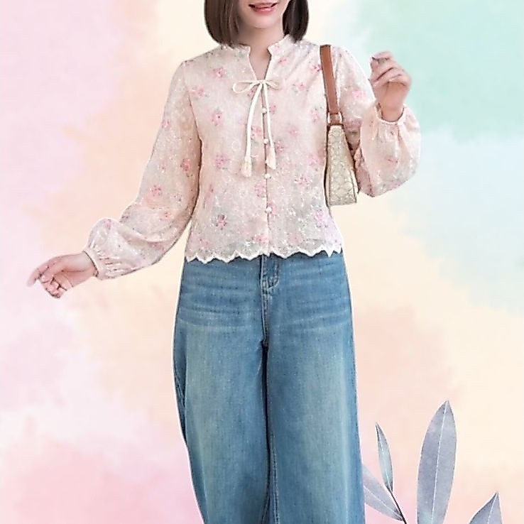 PASSWORD เสื้อปักลายสีชมพู คอโบว์