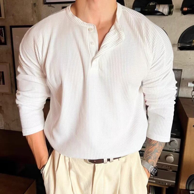 เกาหลี Dongdaemun Daigou ฤดูใบไม้ผลิ GC บ้านคุณภาพสูง Mature Henry Collar Textured ฐานเสื้อถักผู้ชายเสื้อยืดแขนยาว