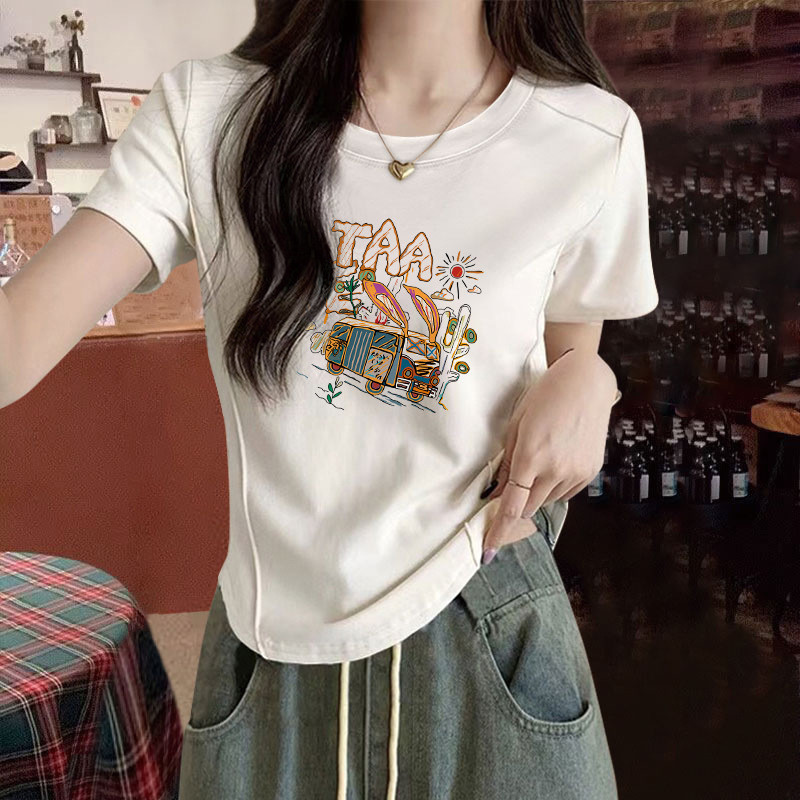 เวอร์ชั่นเกาหลีแขนสั้น Slim-Fit เสื้อยืดผู้หญิงฤดูร้อนสไตล์ใหม่ Slimmer ดู Fishbone การออกแบบสั้นรู้