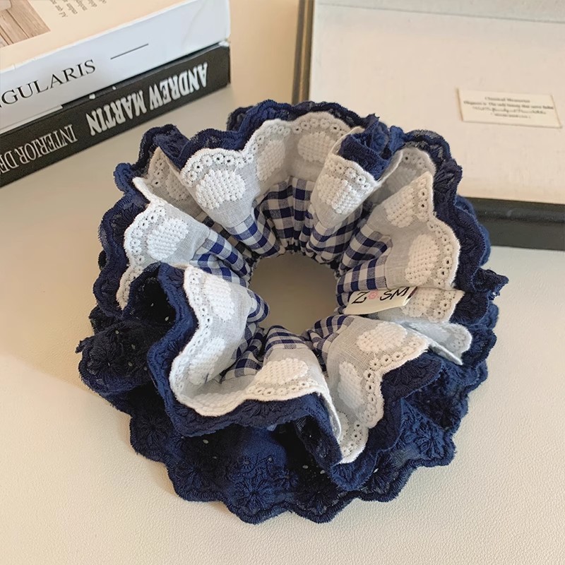 Navy ลายสก๊อตหัวใจลูกไม้ Double-Layer ขนาดใหญ่ Scrunchie ยืดหยุ่นผู้ถือผมหางม้าอุปกรณ์เสริมผมสําหรับผู้หญิง