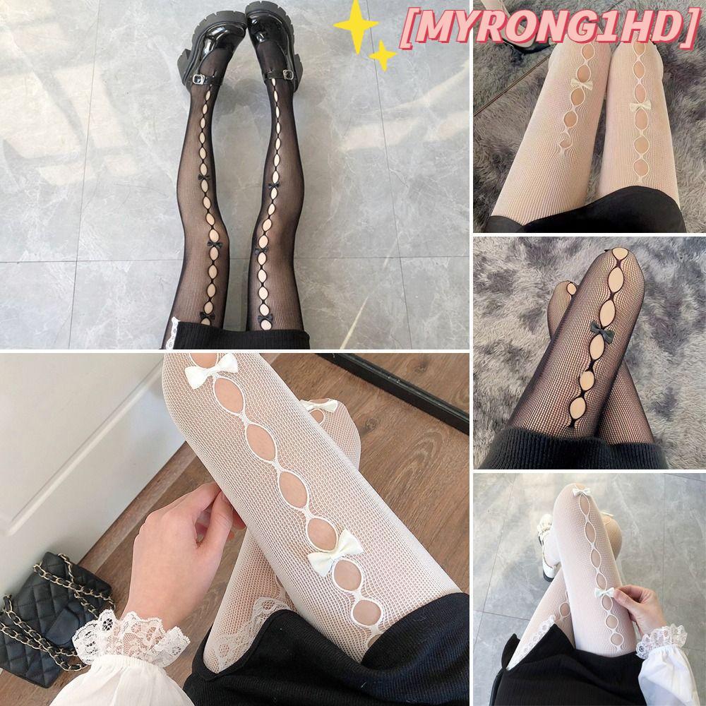 MYRONG1HD Pantyhose, Bowknot Lolita คอสเพลย์ถุงเท้า, ลูกไม้น่ารัก Hollow Out ถุงน่องเซ็กซี่ Prolple