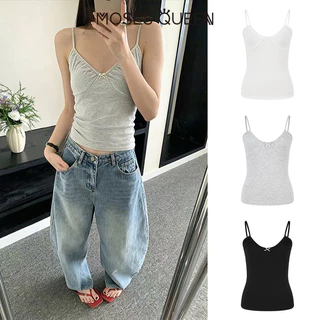 MOSESQUEEN เสื้อคล้องคอคอวีจับจีบโบว์ขนาดเล็กสําหรับใส่ด้านนอกสําหรับฤดูร้อนใส่ด้านในแบบลําลองเสื้อแขนกุด #63780