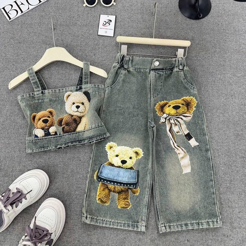 G439 (ขนาด 90-140) ชุดเซ็ทยีนส์เสื้อสายเดี่ยวลายหมีและกางเกงขายาว **ชอบใส่พอดีตัวแนะนำลดไซส์ค่ะ**