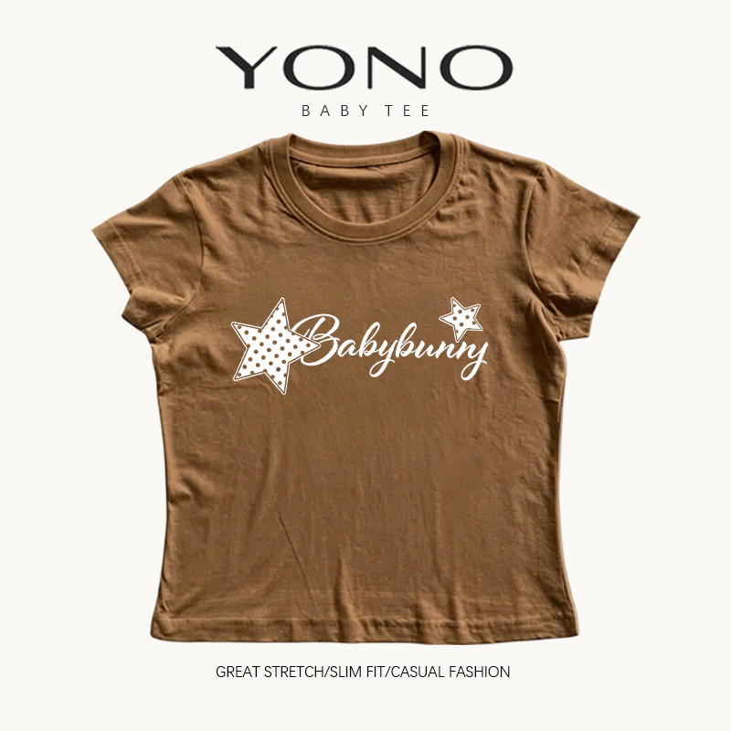 (พร้อมส่ง24ชม.) baby tee สีน้ำตาล ลายดาวลายจุดกับตัวอักษร ฟีลวินเทจหวานเท่ ทรงเข้ารูป ใส่ชิคแมตช์ง่าย