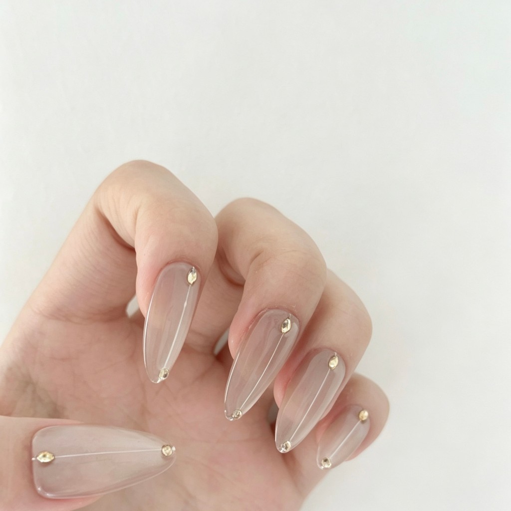 Nude Simple Wide-Glow Cats Eye Nails Extreme Day Gentle Nude Almond เล็บปลอมไวท์เทนนิ่ง High-End สวม