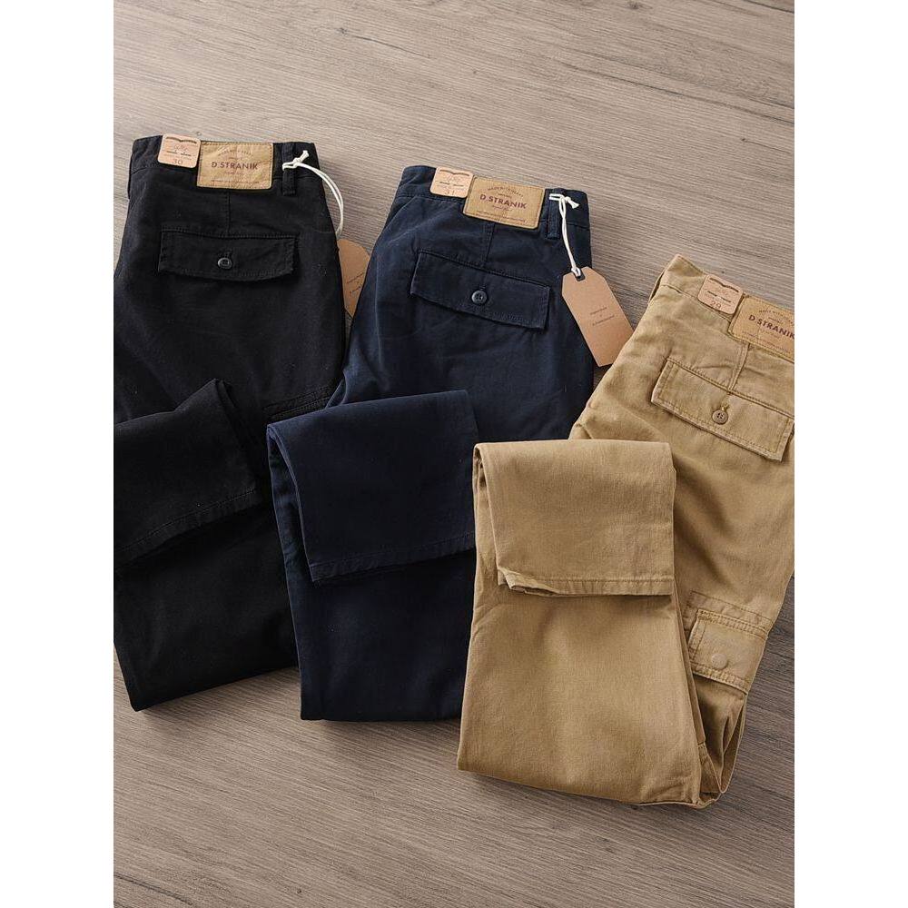 Four Seasons Cotton Mens Multi-pocket Straight Overalls Khaki Pants Ami Khaki Retro Washed Distresse