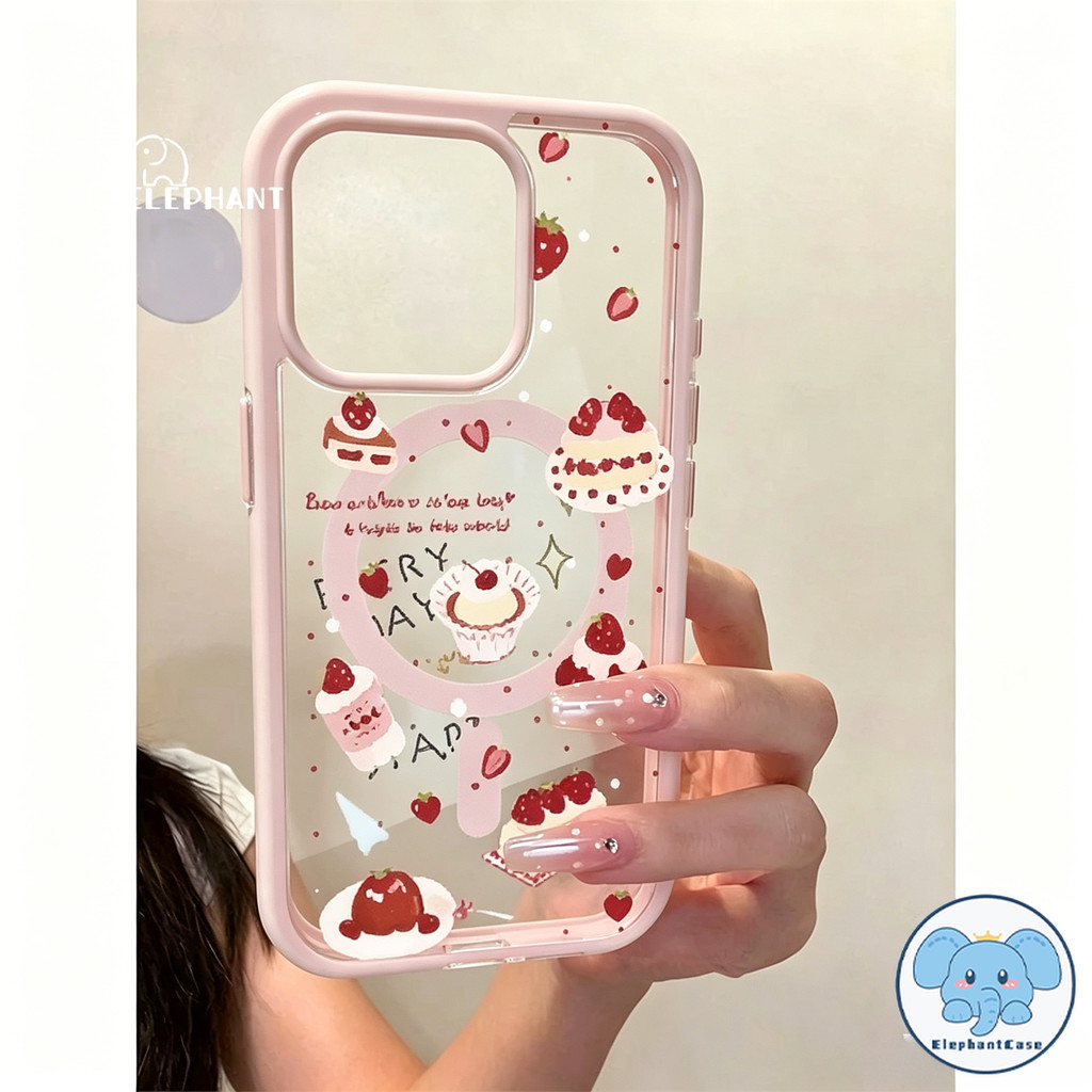 เคสใสแม่เหล็ก เค้กสตรอเบอร์รี่ กันกระแทก สไตล์ฮิต สำหรับiPhone 16 13 17 11 AIR 15 12 14 Pro Max XR 16 15 7 8 Plus XS SE