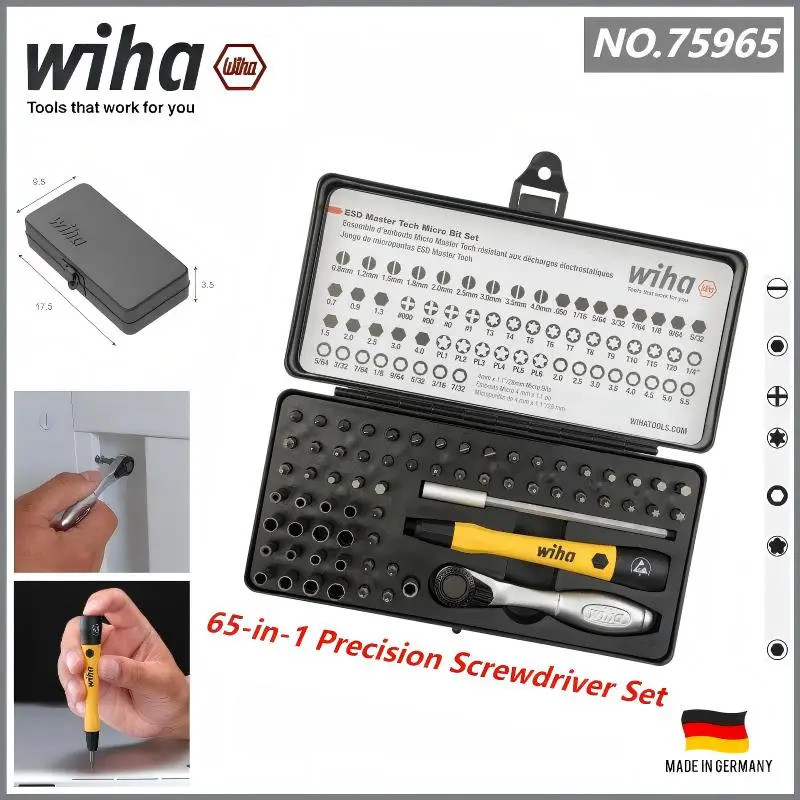 WIHA 75965 65-in-1 ESD Precision ไขควงชุด - เครื่องมือป้องกันไฟฟ้าสถิตย์สําหรับซ่อมโทรศัพท์/พีซี (39