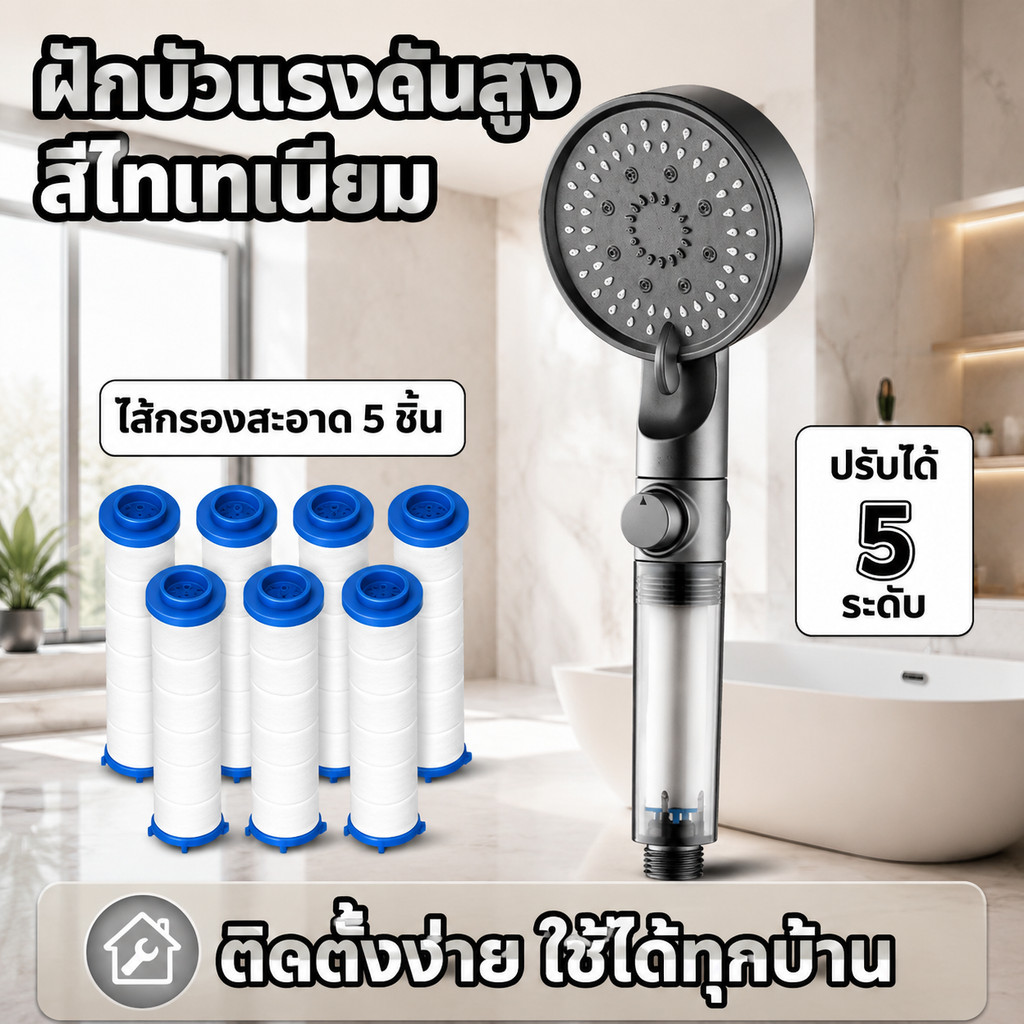 ฝักบัวแรงดันสูง สีไทเทเนียม พร้อมไส้กรอง 5 ชิ้น แรงดันสูง เพิ่มแรงน้ำชัดเจน แม้น้ำบ้านอ่อนแอ ติดตั้งและเปลี่ยนได้ง่าย