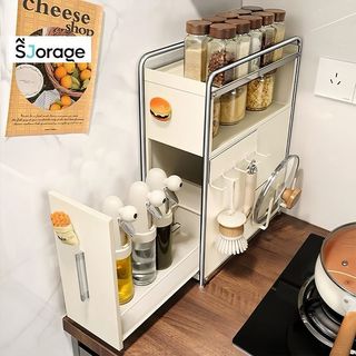 SJORAGE Rak Bumbu Dapur Serbaguna Laci Tarik Stainless Steel Organizer Rak Botol Minyak Tutup Panci Kitchen Storage