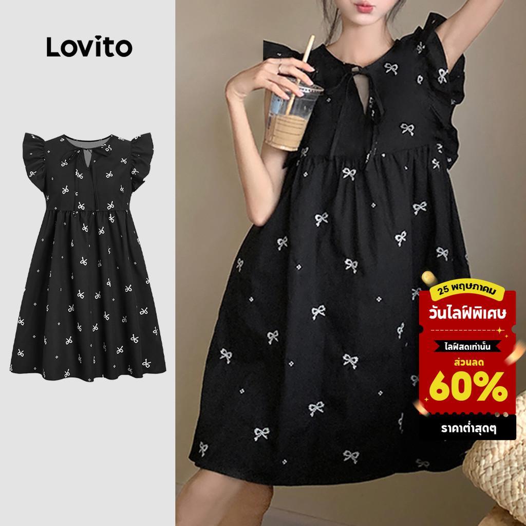 Lovito เดรส แขนระบาย แบบผูกหน้า ประดับโบว์ ลายดอกไม้จิ๋ว สไตล์ลำลอง สำหรับผู้หญิง L117AD063