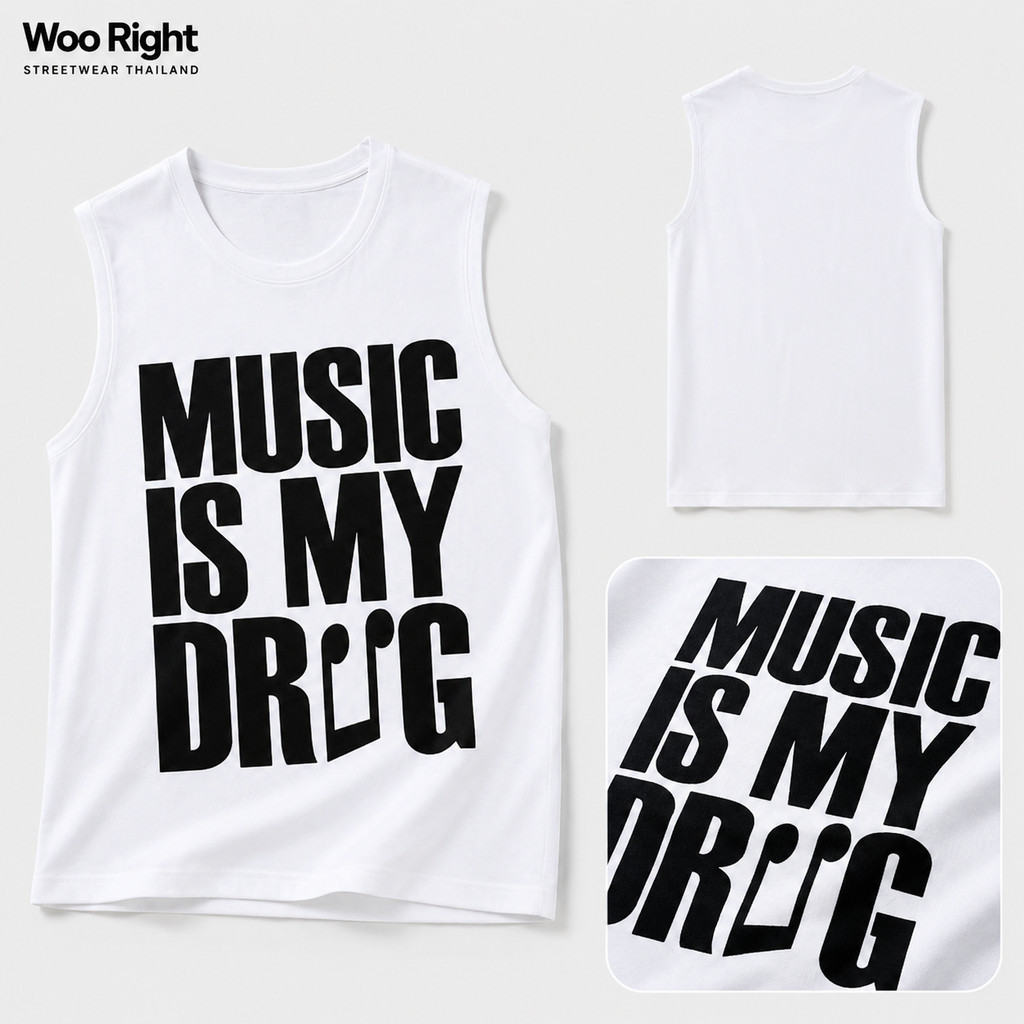 COD จัดส่งตลอด 24 ชั่วโมง Woo Right 200g เสื้อกล้ามoversize สีขาว ลายกราฟิกไทย ผ้าฝ้ายแท้ เหมาะใส่ไปทะเล