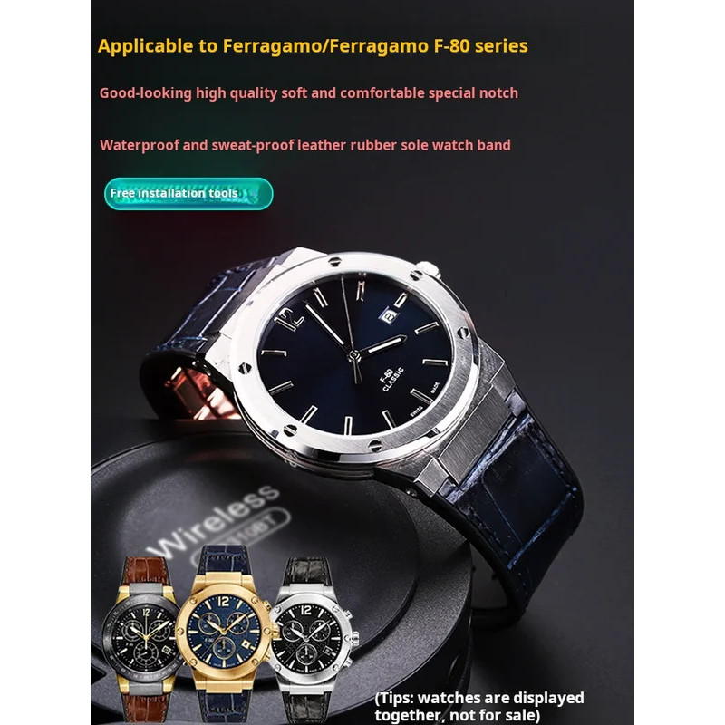 สําหรับ Ferragamo สามตา F80 นาฬิกาผู้ชาย F80 Cowhide ของแท้หนัง F-80 ยางสร้อยข้อมือโลหะพับหัวเข็มขัด