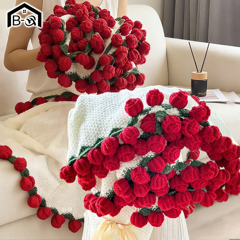 BHQ ผ้าห่มช่อกุหลาบ ถักทอด้วยมือ สินค้าสำเร็จรูป สวยงาม พร้อมใช้ ของขวัญวันเกิด วาเลนไทน์