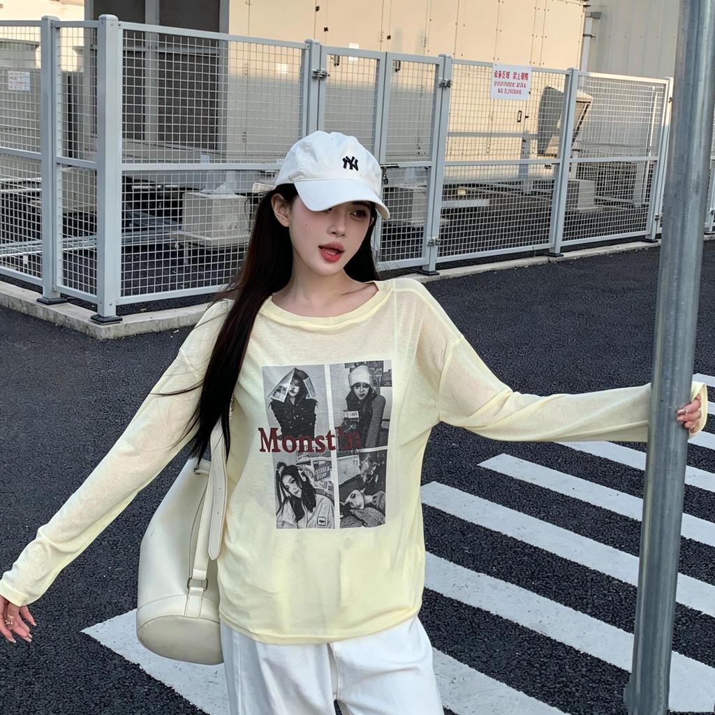 M-3XL เสื้อยาวแขนกันแดดลายกราฟฟิคคอปาด ผ้าเบา ระบายอากาศดี สำหรับฤดูฝนไทยชุดลำลองเสื้อผ้าสาว ผ้าระบายอากาศเย็น ทันสมัย