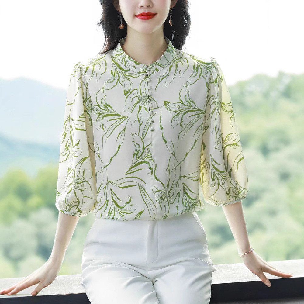 วัยกลางคนแม่ฤดูร้อนแขนสั้นเสื้อยืดวัยกลางคนผู้สูงอายุผู้หญิงแฟชั่นพิมพ์ชีฟองเสื้อขนาดเล็ก 2025 ด้านบน