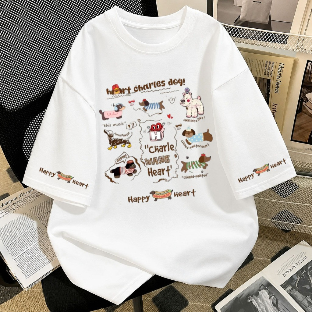 🐕【จัดส่งจากกรุงเทพฯ】🐕เสื้อยืดแขนสั้นพิมพ์ลายลูกสุนัข ทรงหลวม คอกลม ผ้าคุณภาพดี สไตล์ฤดูร้อน  COD