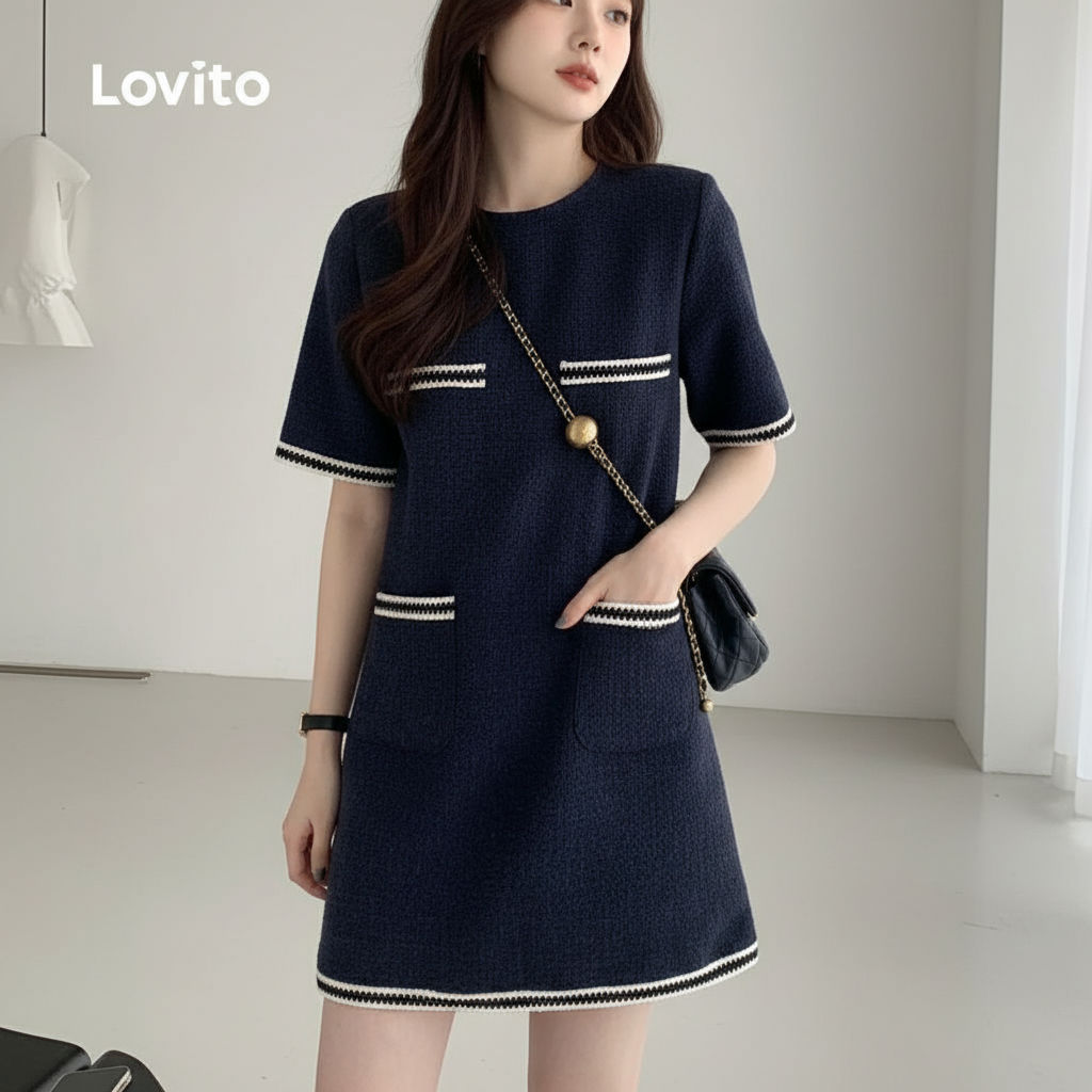 Lovito แคชชวล ชุดเดรสผู้หญิง สีดํา ขอบตัดกัน สไตล์ แฟชั่นฤดูใบไม้ร่วง ฤดูหนาว L155AD079