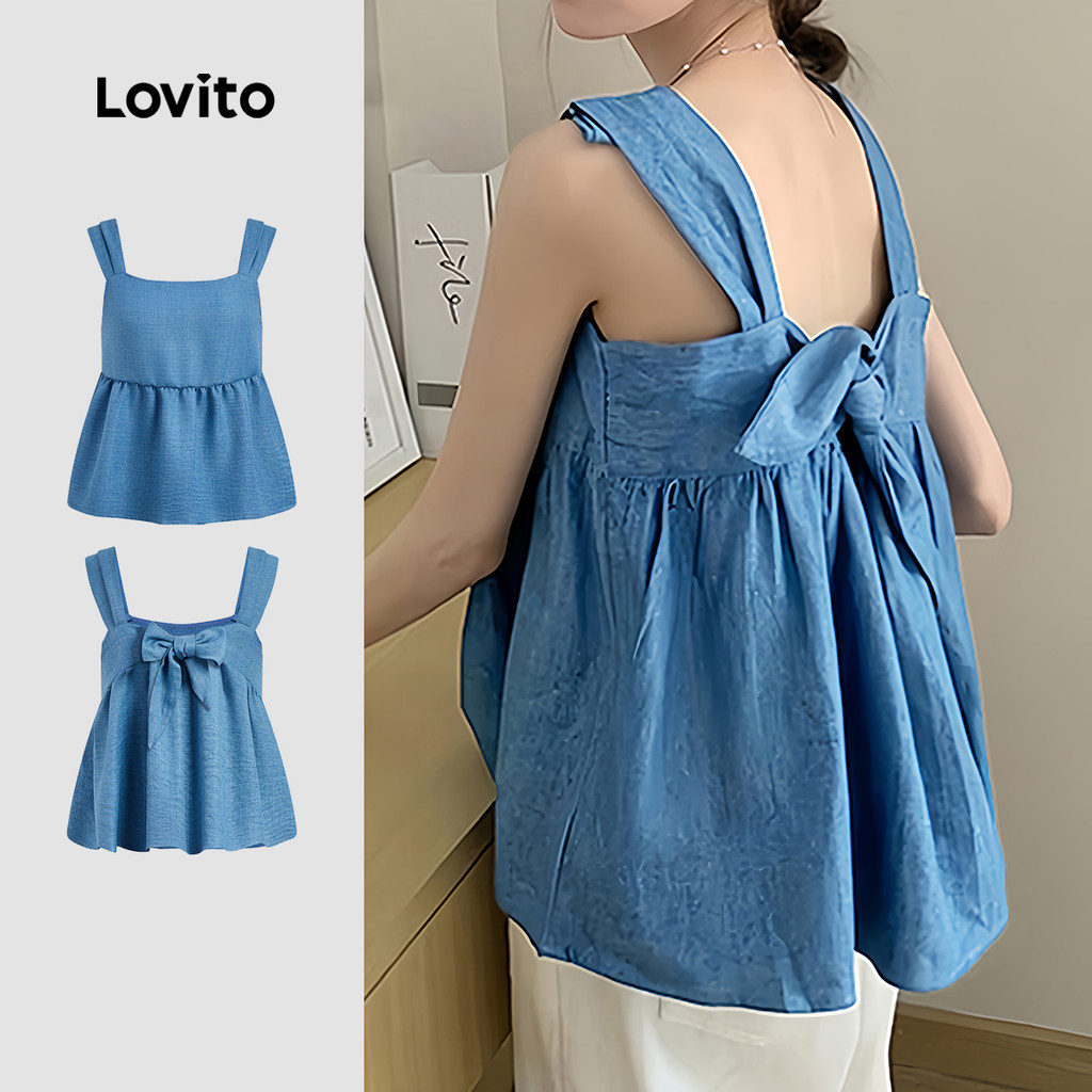 Lovito เสื้อยีนส์ลำลองแบบผูกเชือกสำหรับวันสงกรานต์ สวมใส่สบาย ฤดูใบไม้ผลิ/ฤดูร้อน สีฟ้า สำหรับผู้หญิง L179AD355