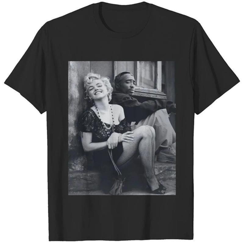 เสื้อยืดคอตตอนยูนิเซ็กส์ลายมาริลีน มอนโร และ 2Pac