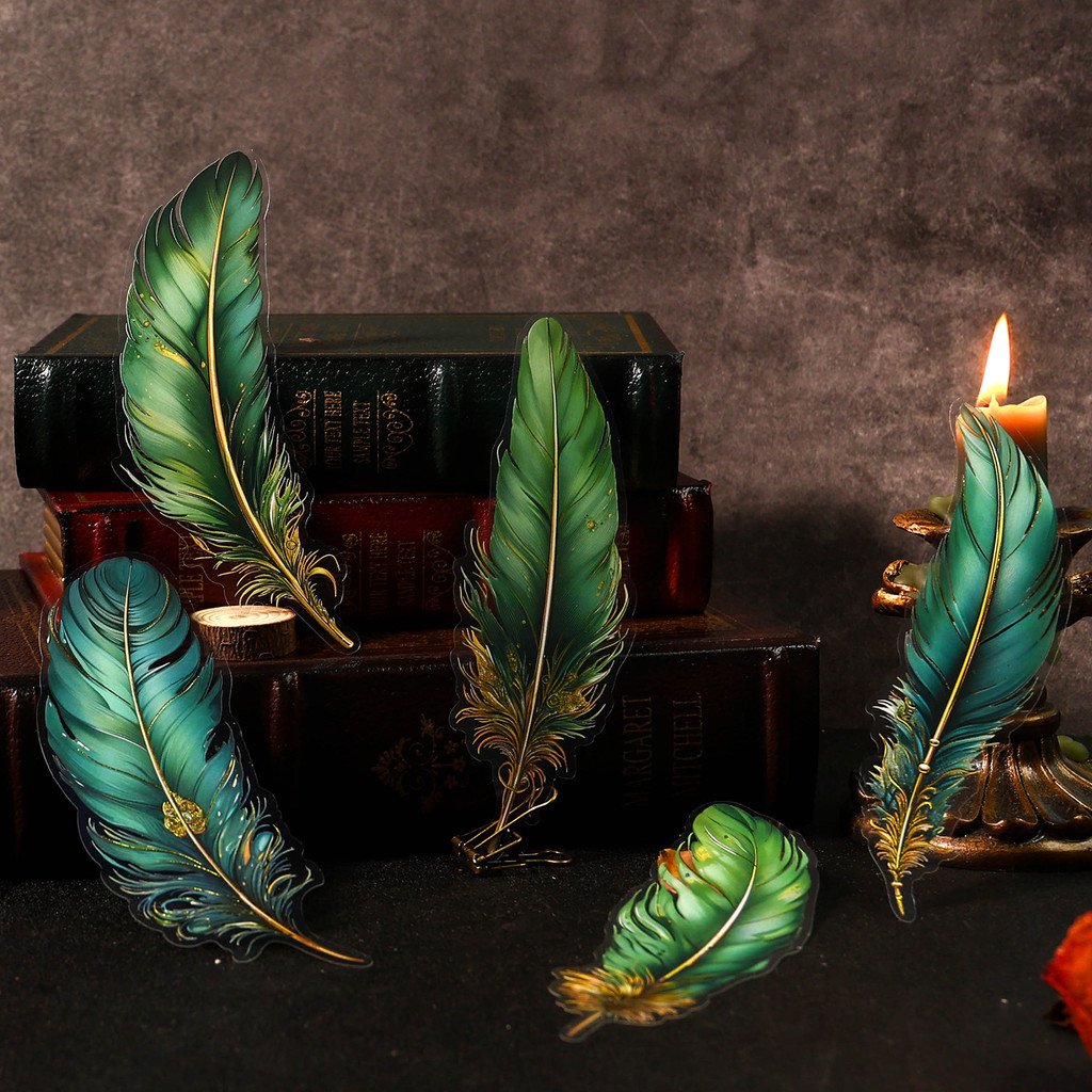 P PET Gilding Sticker Pack Angels Feather Series Retro Feather Handbook วัสดุ Collage 5 ชิ้น