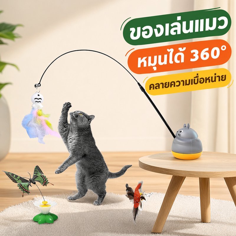 ของเล่นแมว ไม้ตกแมว ปลอกคอแมว หมุนได้ คลายเบื่อ ลวดเหล็ก ซิลิโคน ปรับขนาด ระฆังล่อแมว