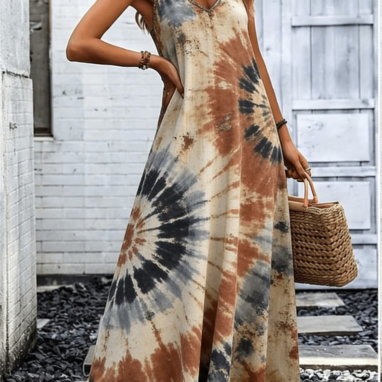Tie Dye Maxi Dress สําหรับผู้หญิงฤดูร้อนสปาเก็ตตี้ V คอชุดลําลองยาวพร้อมกระเป๋าชายหาดชุดวันหยุด