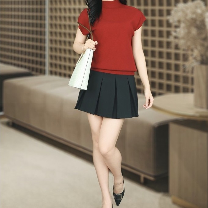 เสื้อสเวตเตอร์สีแดงแขนสั้นคอปก 3F ปาดไหล่ AL662DO