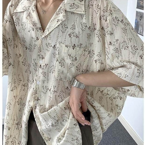 High-End คอคิวบาดอกไม้แขนสั้นเสื้อผู้ชายฤดูร้อนออกแบบ Niche หลวมผ้าไหมน้ําแข็งชายหาดเสื้อผู้ชาย BDE9