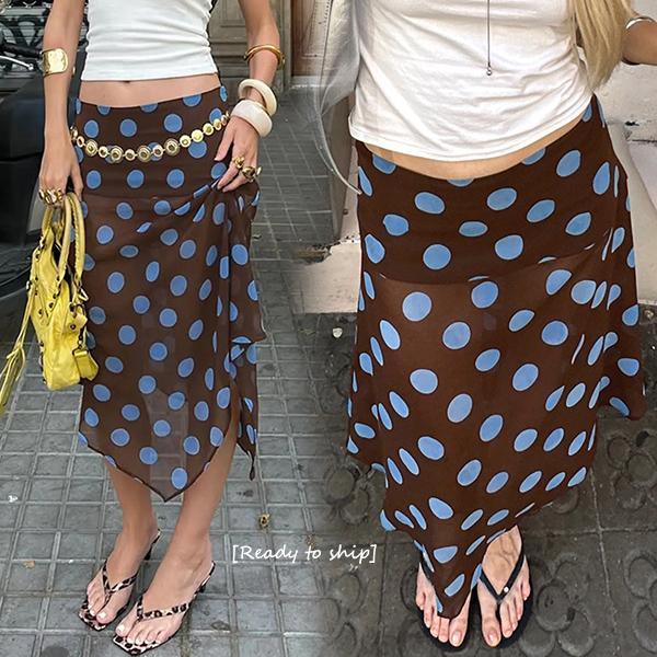 mimi&didi#[สินค้าพร้อมส่ง]กระโปรงพลีท สไตล์ขี้เกียจสด ดีไซน์เก๋ ลายจุด ความยาวแม็กซี่ เนื้อโปร่ง ขอบเอวยางยืด#99410