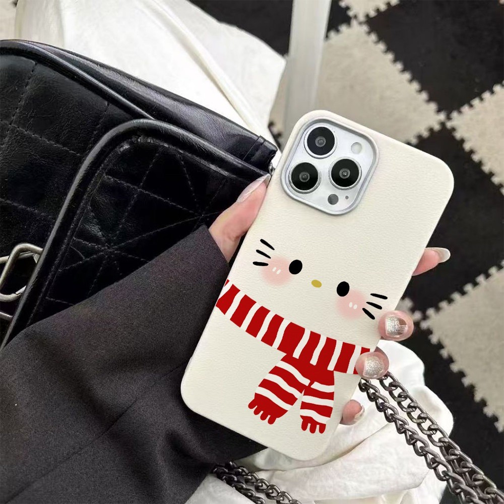 For iPhone เคสไอโฟน ผ้าพันคอสีแดง   งดงาม ง่าย และทันสมัย 11 17 12 13 สีดำ, ขอบสีขาว เคสไอโฟน 14 15 16 PLUS 16 PRO