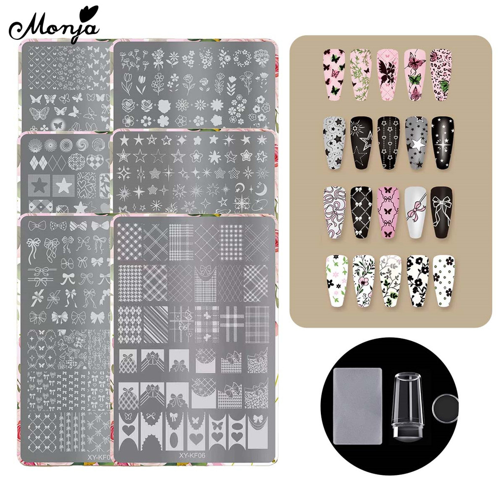 Monja เล็บแม่แบบนํากลับมาใช้ใหม่ Stencils แผ่นปั๊ม Star Moon ดอกไม้ผีเสื้อ Bowknot แม่พิมพ์สแตนเลสพิมพ์แสตมป์ Transfer DIY เล็บออกแบบเครื่องมือ