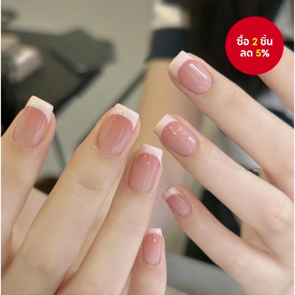 10 ชิ้น เล็บปลอมสไตล์ฝรั่งเศส ลูกพีชสีกระจายแบบอ่อนโยน พร้อมกาวเจลและที่ขัดเล็บ