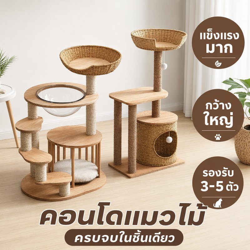 คอนโดแมว บ้านแมว เสาลับเล็บ จากไม้ยางพารา อะคริลิค แคปซูลอวกาศ ขนาดใหญ่ เหมาะสำหรับแมว3-5ตัว