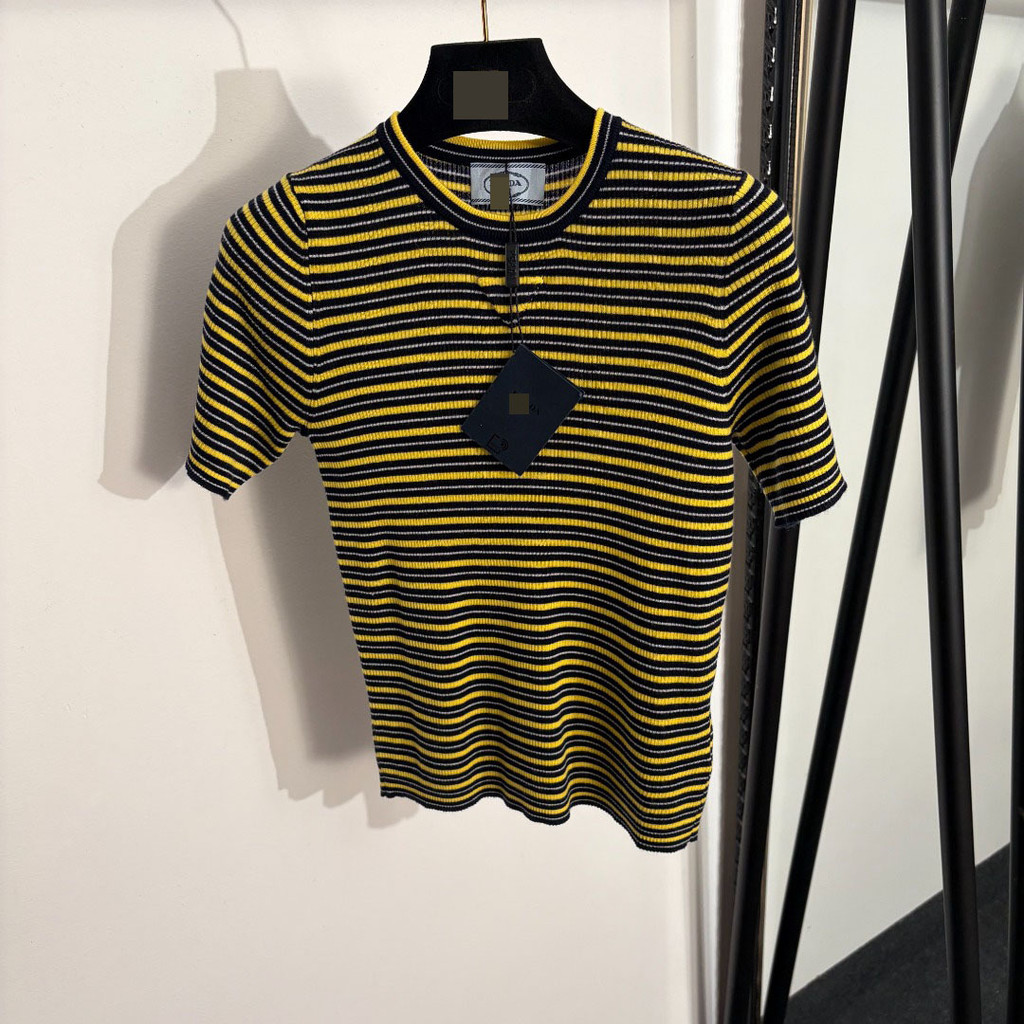 Z7J5 PR/A Dopamine color-blocked striped slim-fit short-sleeve wool knit top