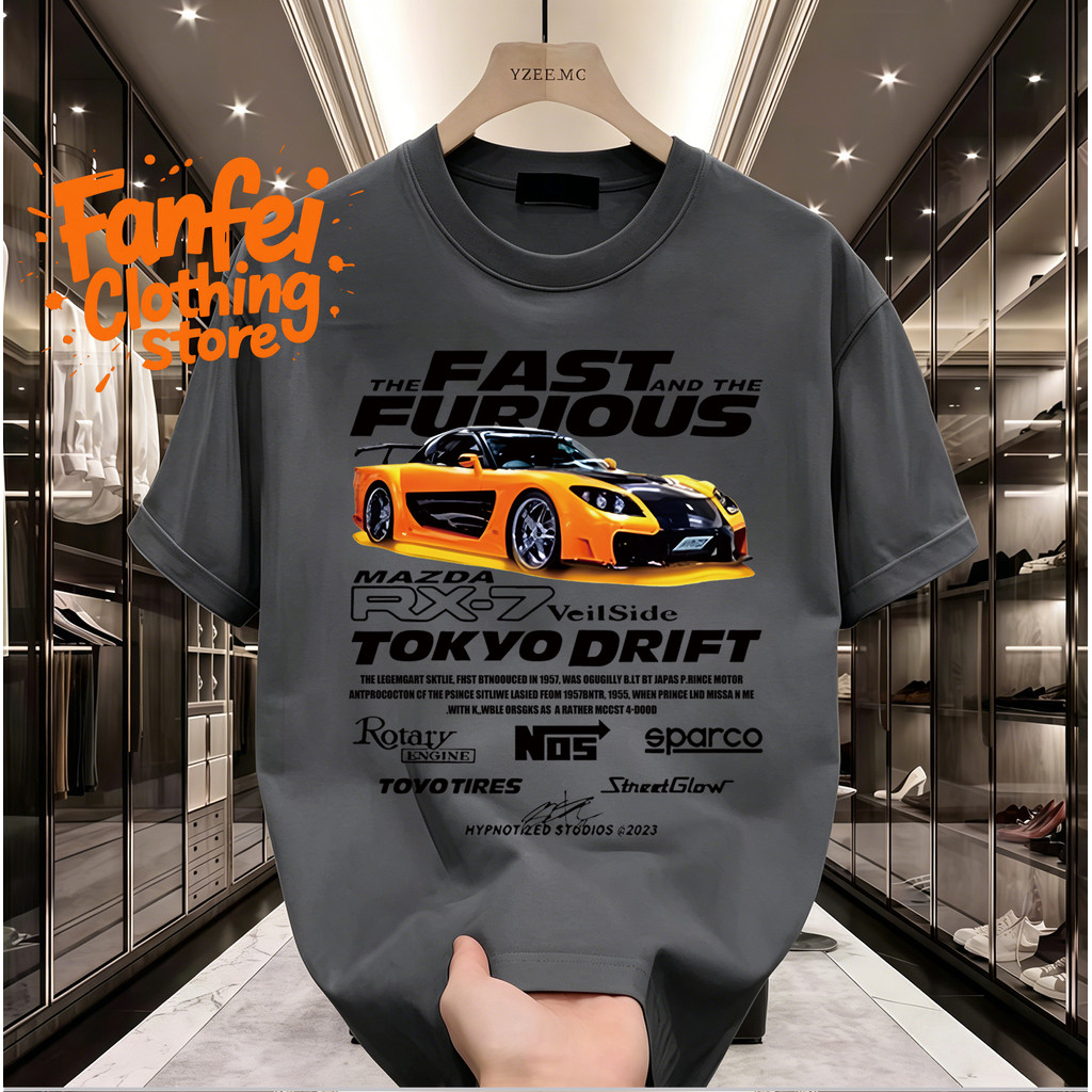 COD จัดส่งตลอด 24 ชั่วโมง Fanfei เสื้อยืดผู้ชาย THE FAST AND THE FURIOUS MAZDA RX-7 สตรีทแวร์ วินเทจ