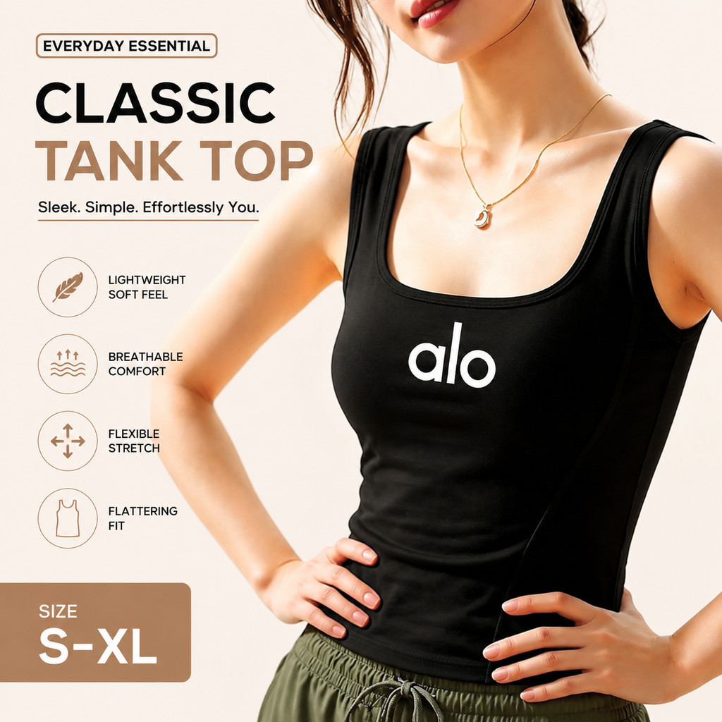สุภาพสตรี Slim-fit เสื้อกั๊กสแควร์คอแขนกุด Bottoming กีฬา All-match Slimmer ดูเสื้อยืดสีดํา S-XL