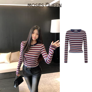 MOSESQUEEN เสื้อสูงสุดแบบคอเปียก ลายเส้นดินเผา รูปแบบสกรีน ผ้าบาง ตัวเตี้ย แขนยาว สำหรับผู้หญิง รูปแบบเรโทร ใส่สบายในชีวิตประจำวัน เหมาะสำหรับเดินทางทั่วเมือง ใช้ได้ทั้งในและนอกบ้าน #59895