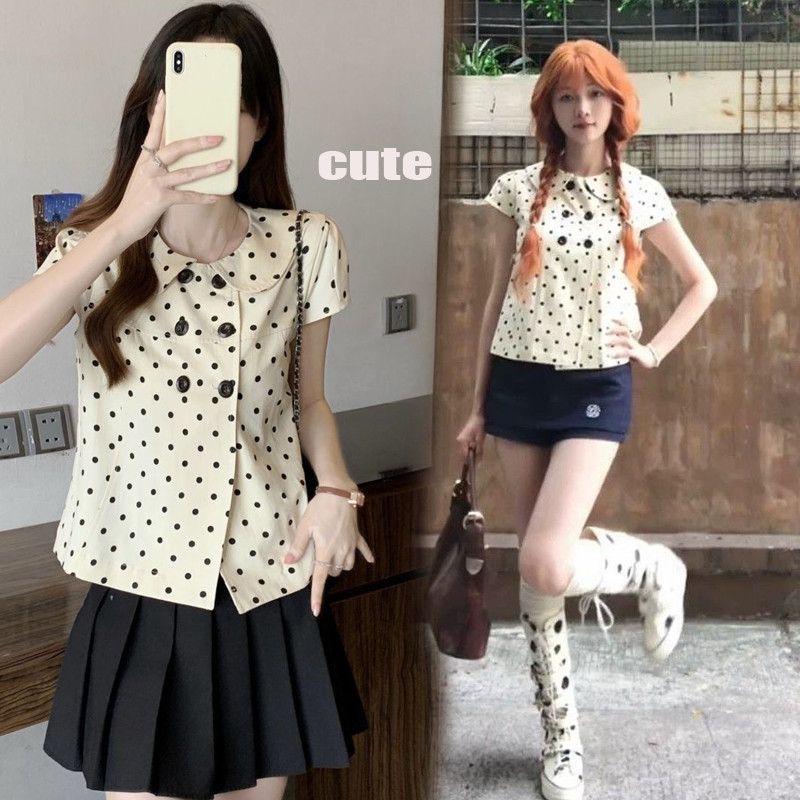 Dahong 99471 เสื้อเชิ้ตลายจุด คอปีเตอร์แฟน แขนสั้น ดีไซน์ปุ่มคู่ สไตล์วินเทจ น่ารัก สไตล์หวาน รุ่นใหม่
