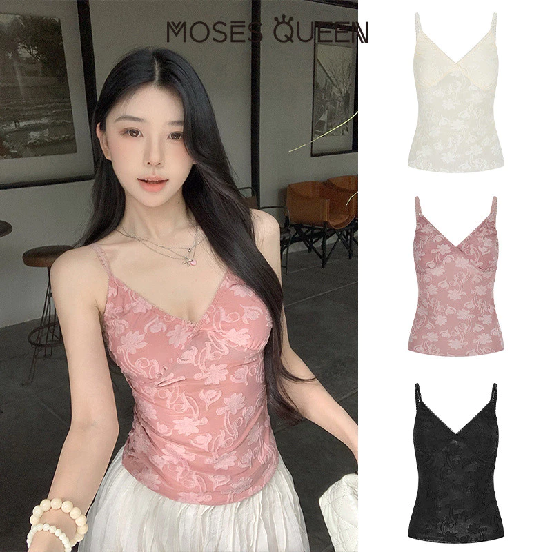 MOSESQUEEN เสื้อเสื้อเบลเซอร์สายเดี่ยวคอวีสายเดี่ยวลูกไม้โปร่งสไตล์ฝรั่งเศสย้อนยุคเย็บสองชั้น #63776