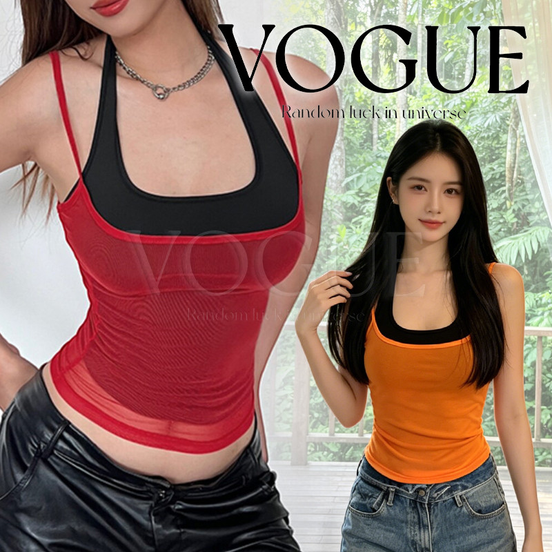 Vogue🌟พร้อมส่ง🌟 เสื้อสายเดี่ยวและคล้องคอมีสองชิ้น สีสันสดใส แฟชั่นหน้าร้อนบางเบาใส่สบาย (FY6126/FY6998)