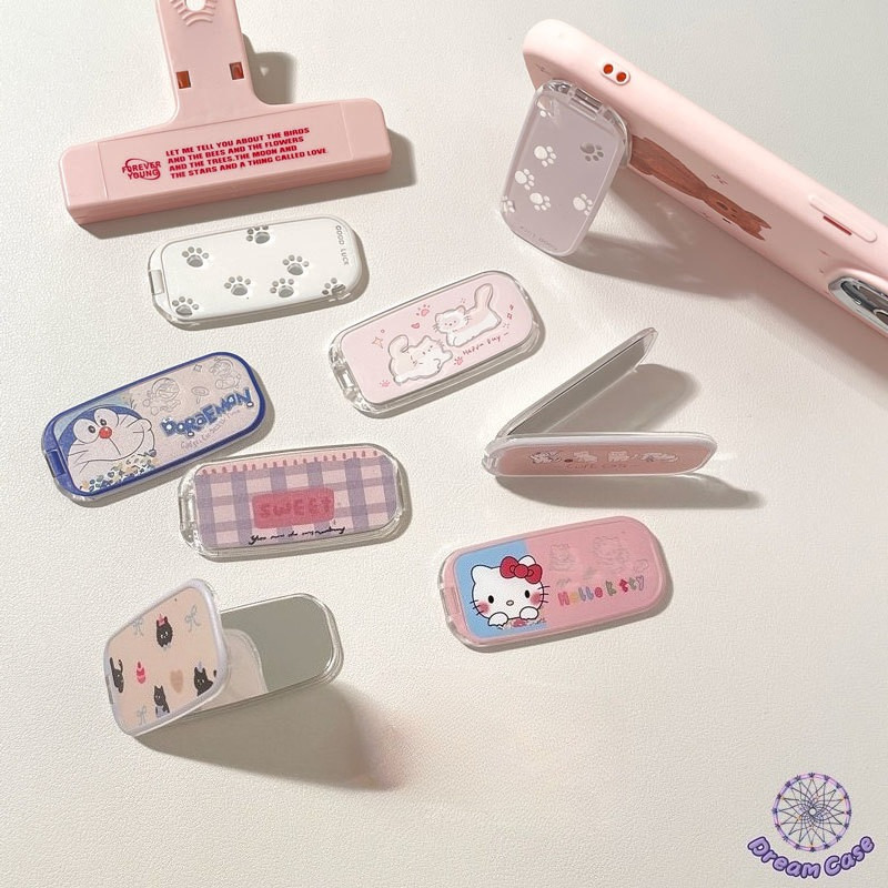 การ์ตูนแมวเรียบง่ายรอยขีดข่วนลูกแมวคู่รักเคสโทรศัพท์สากลยึดยี่ห้อโทรศัพท์พับเครื่องสำอางกระจกยืนโทรศัพท์