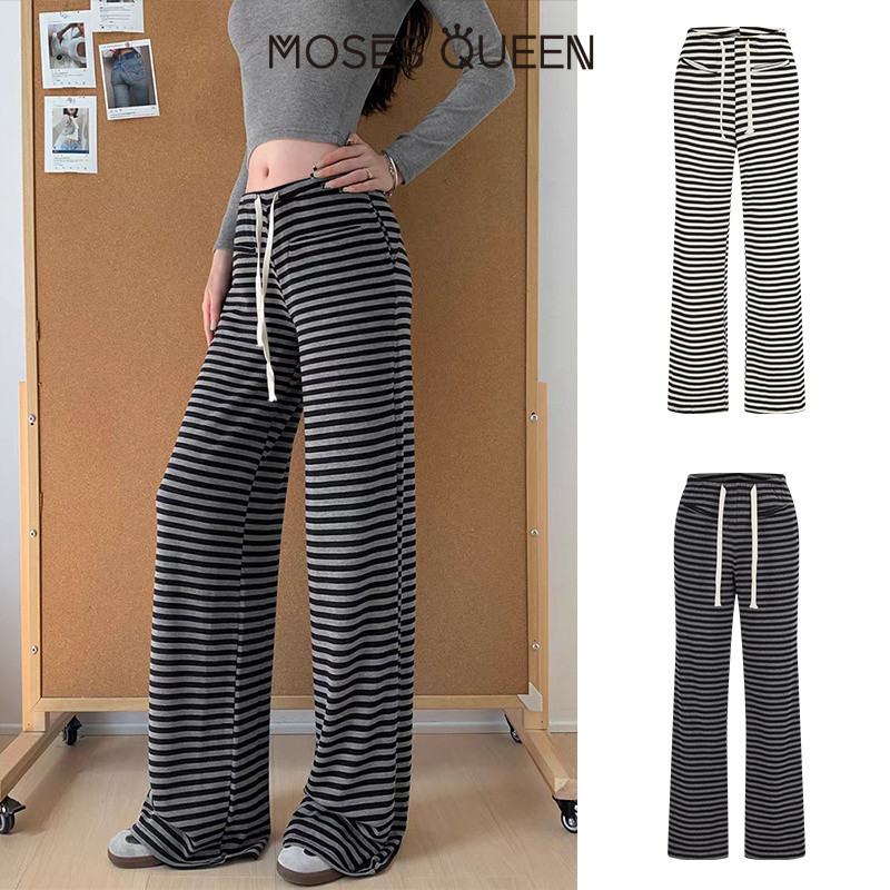 < MOSESQUEEN > โมเสส ราชินี กางเกงขาตรงลายทางสไตล์ขี้เกียจและลําลองพร้อมผ้าม่านอย่างดีอเนกประสงค์และสะดวกสบายกางเกงขายาวหลวมและแนวราบ #63554
