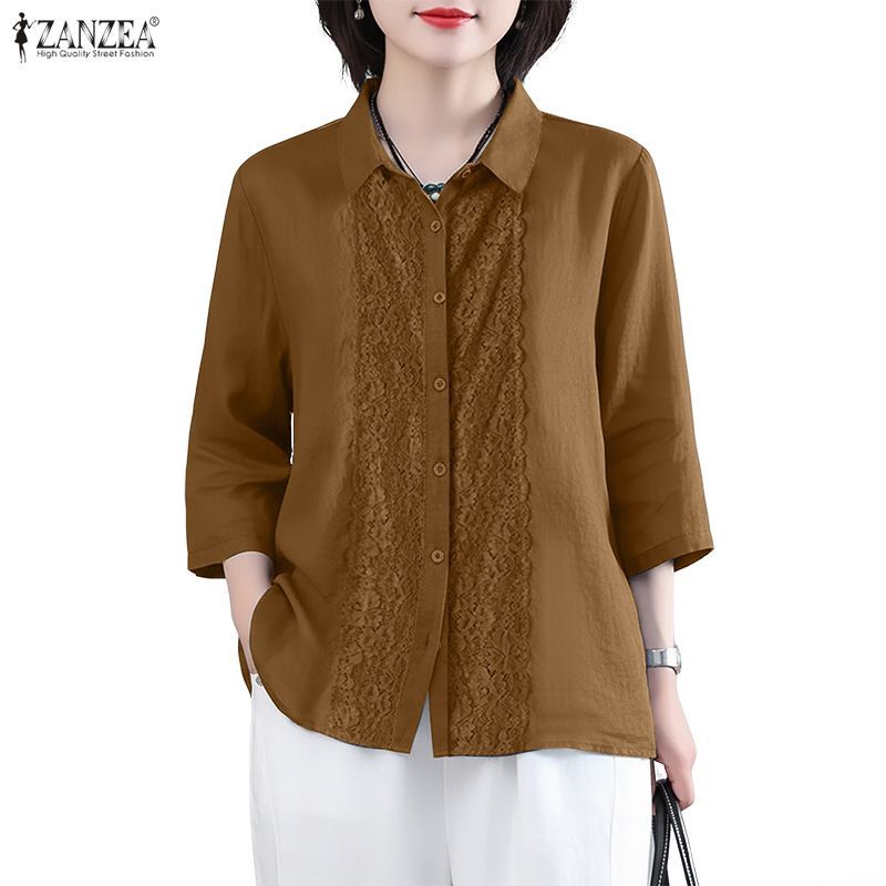 ZANZEA ผู้หญิงเกาหลี Elegant Chic Turn-Down-Collar 3/4 แขนลูกไม้ Splicing ปุ่มลงเสื้อ — صورة 6