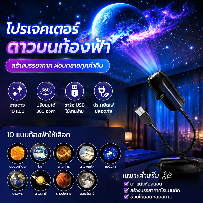 โคมไฟดาว sky projector ชาร์จ USB ลวดลายดาวเคราะห์ สามารถเปลี่ยนลวดลายได้ การตกแต่งห้องนอน โคมไฟโปรเจคเตอร์