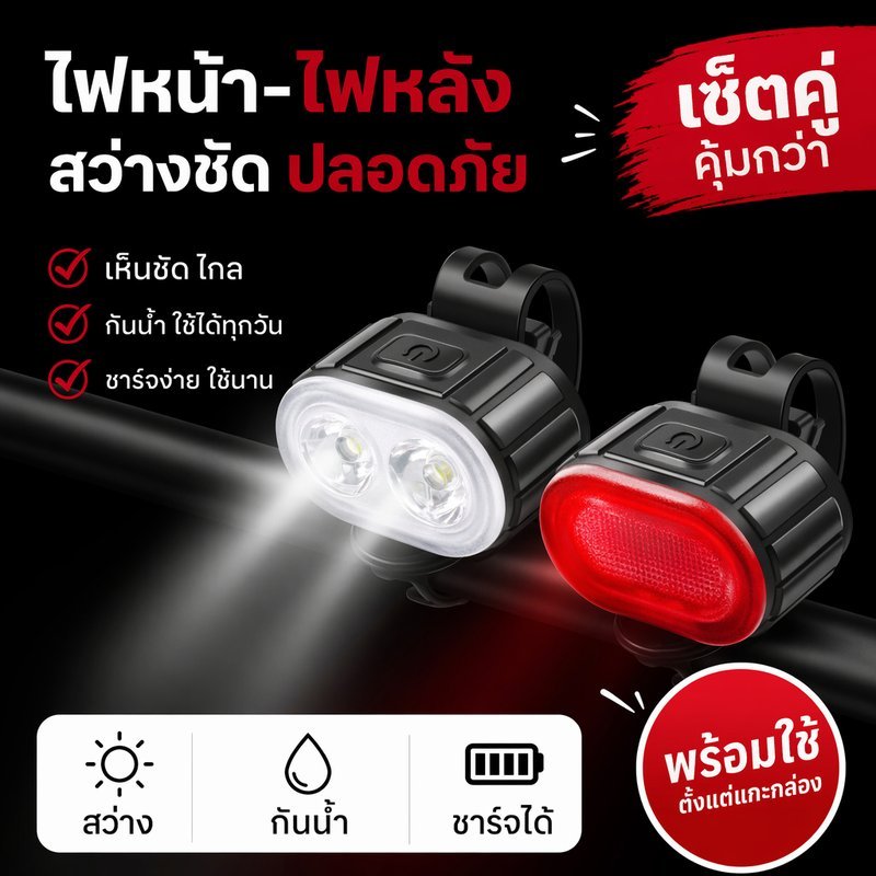 ไฟจักรยาน ไฟหน้า ไฟท้าย LED ชาร์จ USB กันน้ำ ไฟเตือนความปลอดภัย จักรยานเสือหมอบ MTB