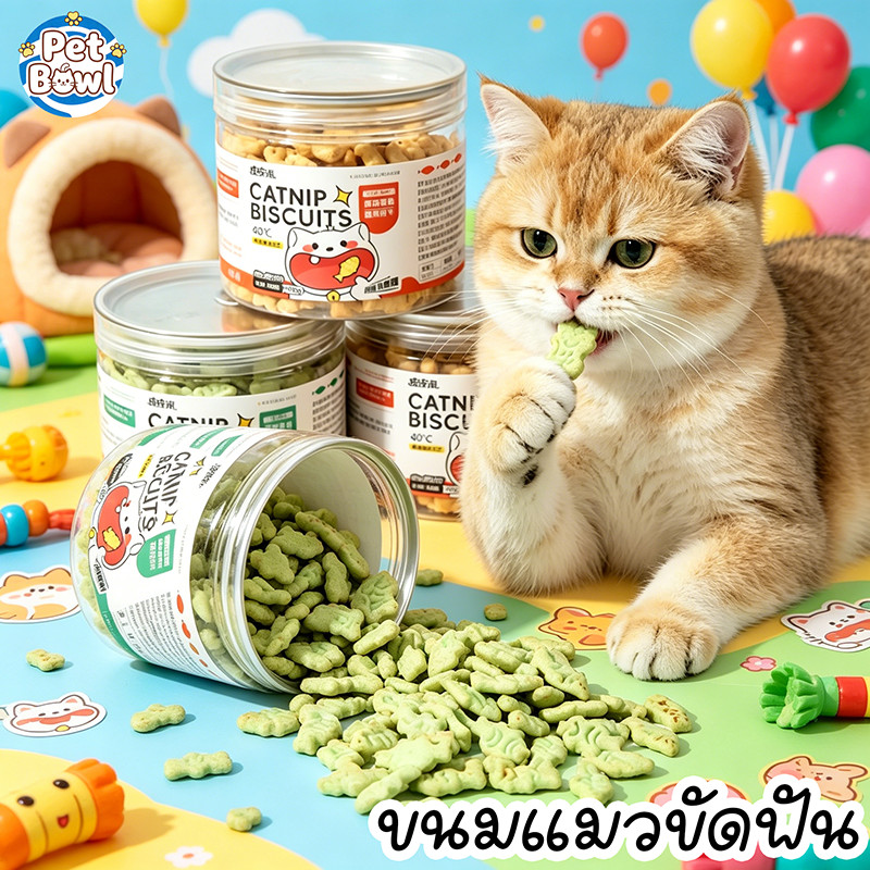 NEW ขนมแมวขัดฟัน บิสกิตแมว ผสมแคทนิป รสแซลมอน ดับกลิ่นปาก ลดก้อนขน ดูแลสุขภาพช่องปากแมว