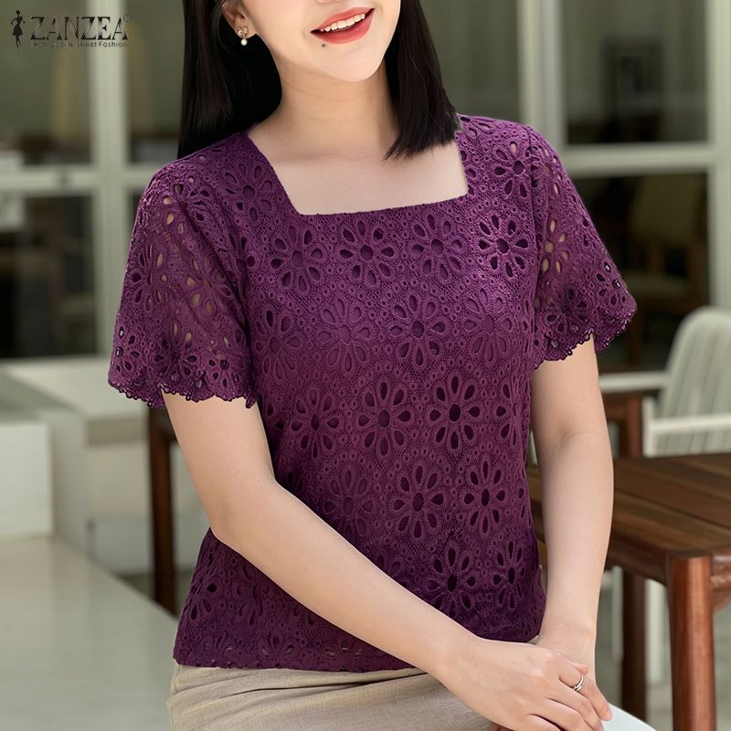 ZANZEA ใส่ ซานเซีย ผู้หญิงเกาหลีหรูหราหรูหราสแควร์คอแขนบานกลวงลูกไม้โครเชต์เสื้อ — صورة 4